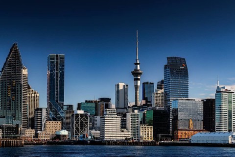City panorama of Auckland CBD seen from a sailing ship, Auckland, New Zealand