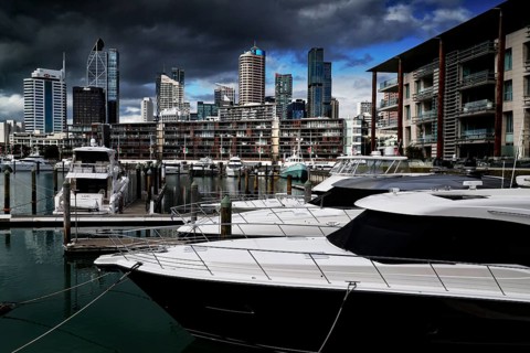 Harbour panorama with yachts and Auckland's distinctive skyline in the background, Auckland,