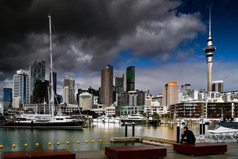 View of Viaduct Harbour with skyscrapers and sailboats in the foreground, Auckland, zero, New