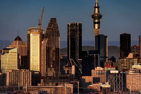 Detailed view of the illuminated skyline of Mt Victoria, Auckland, null, New Zealand