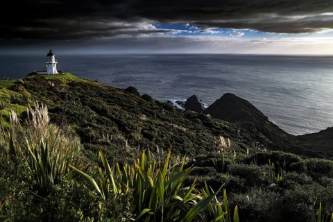 Lush coastal landscape near Cape Reinga with lighthouse and cloudscape, Cape Reinga, Northland, New