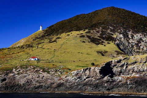 A lighthouse stands on a green hill overlooking the coastline of Cape Brett, Cape Brett, Bay of