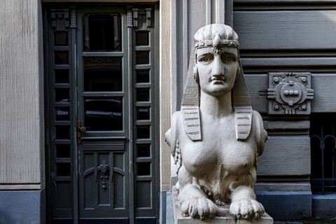 Detail of a Sphinx statue at the Art Nouveau building on Albert Street, Riga, Latvia