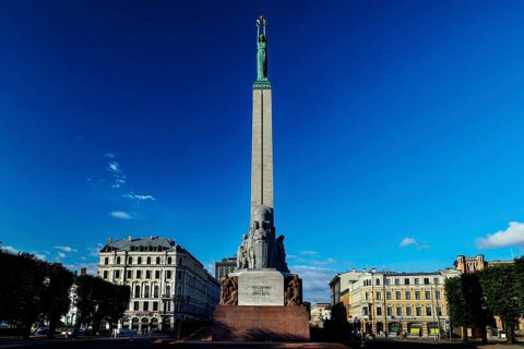 Majestic Freedom Monument in Riga with blue sky in the background, Riga, Vidzeme, Latvia