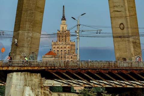 Vansu bridge in Riga with a view of the Latvian Academy of Sciences, Riga, Vidzeme, Latvia