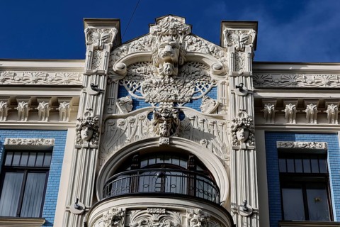 Detail of an art nouveau building with decorative elements, Riga, Latvia