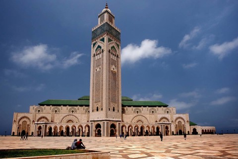 Monumental view of mosque with open sky in the background, Casablanca, Grand Casablanca, Morocco