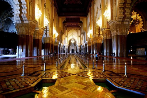 Beautifully illuminated interior of a mosque with ornate decorations, Casablanca, Grand Casablanca,