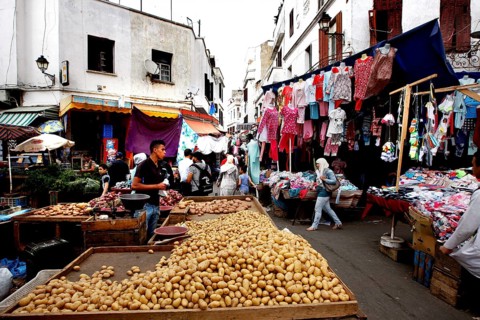 Market scene with stalls full of goods and hustle and bustle, Casablanca, Grand Casablanca, Morocco