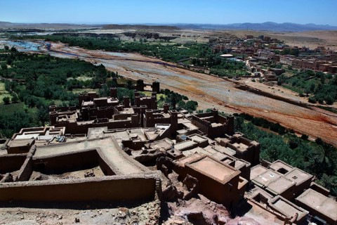 Ait Benhaddou with river landscape and old mud-brick architecture, Ait Benhaddou, Ouarzazate,
