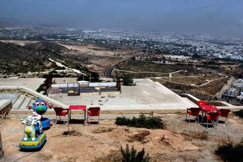 View of the Kasbah car park in Agadir with vast hills and city in the background, Agadir, Morocco