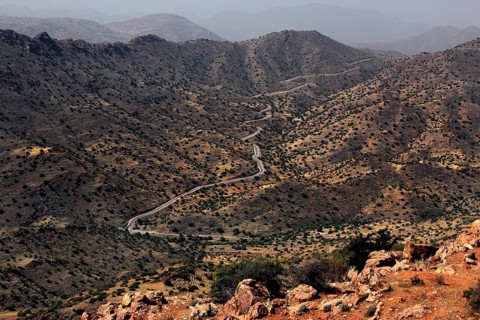 Wasteland landscape with a winding road and barren vegetation in the mountains, Anergui, zero,