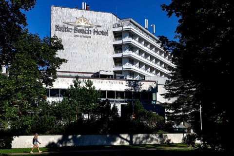 Baltic Beach Hotel surrounded by trees under blue sky, Majori, Jurmala, Latvia