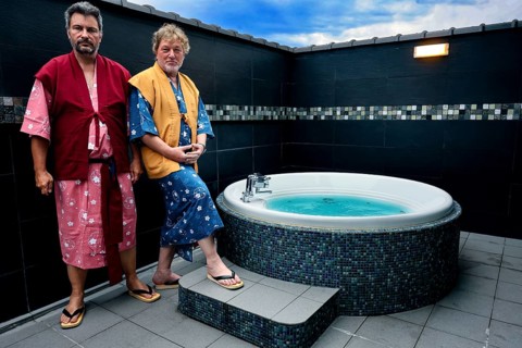Relaxing in the onsen at Ryokan Canada dressed in Yukata, Kyoto, Okazaki, Japan