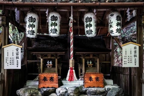 Otoyo-jinja shrine with symmetrically arranged lanterns and decorated altar on Philosophenweg,