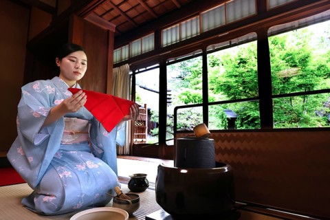 Tea master with red towels at tea ceremony, looking outside, Kyoto, Higashiyama, Japan