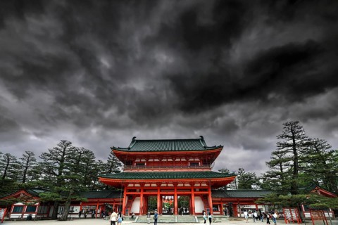 Haian-jingu gate in Kyoto with dramatic sky, Kyoto, Okazaki, Japan