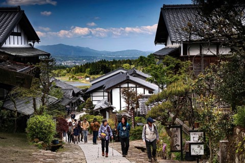 Traditional village with historic buildings and mountain views, Magome, Nagano, Japan