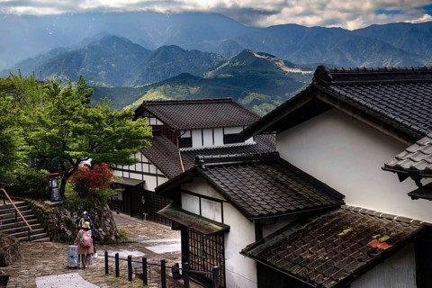Mountain village with traditional architecture and picturesque mountain views, Magome, Nagano,