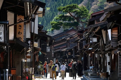 Narrow roads lined with traditional buildings in a mountain village, Narai, Nagano, Japan