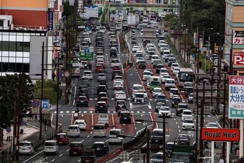 Traffic jam on Beppu's roads in front of a department store, Beppu, Oita, Japan