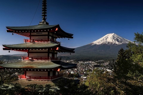 Chureito Pagoda with a view of Mount Fujiyama in soft morning light, Fujioshida, Japan