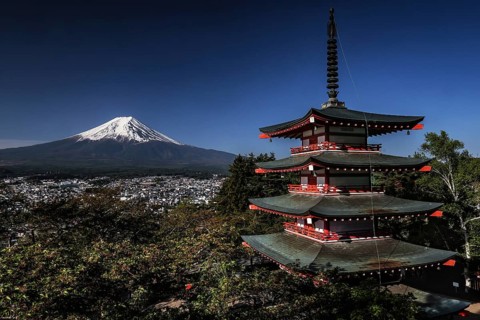 Chureito Pagoda with a view of Mount Fujisan in the morning light in Fujiyoshida, Fujiyoshida,