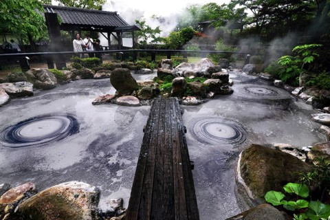 Bubbles form in the solfatar field of Oniishibouzu Jigoku in Beppu, Beppu, Kyushu, Japan
