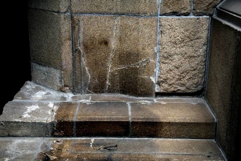 Stone staircase in the Hiroshima Peace Museum with the imprint of a person, Hiroshima, Japan