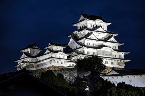 Illuminated Himeji Castle at night, an iconic Japanese architecture, Himeji, Japan