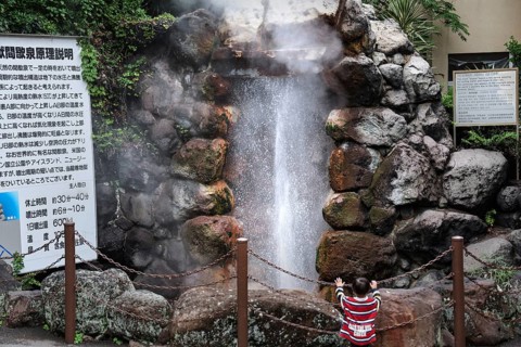 Steaming geyser surrounded by rocks and vegetation, with information board and barrier, Beppu,