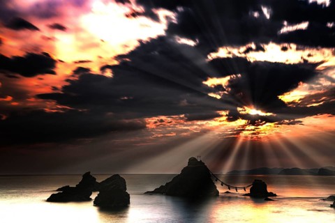 Meoto Iwa place of worship in Ise at sunrise, Ise, Mie, Japan