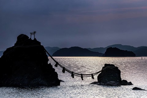 Meoto Iwa rocks connected with rope in morning light, Ise, Mie, Japan