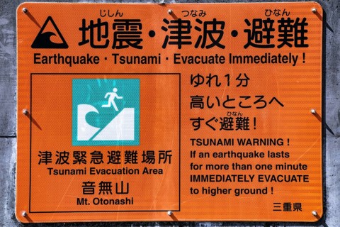 Evacuation sign in Toba with instructions for earthquake and tsunami hazards, Toba, Japan