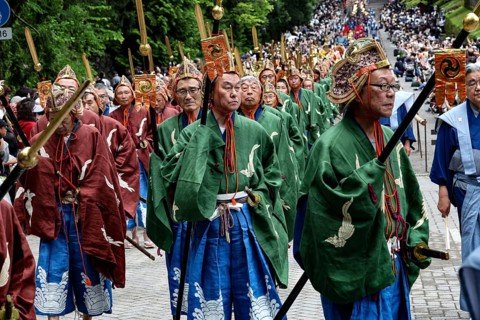 Traditionally dressed warriors march in a ceremony in Nikko, Nikko, Japan
