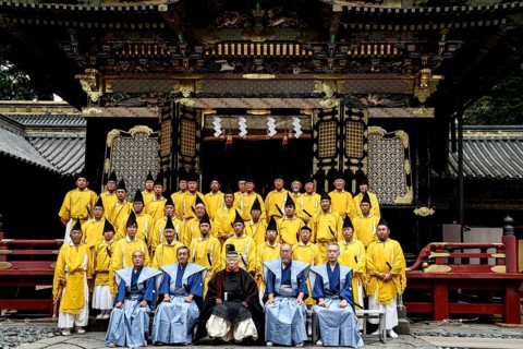 Group photo of Shinto priests in front of Toshogu shrine in Nikko wearing festive clothes, Nikko,