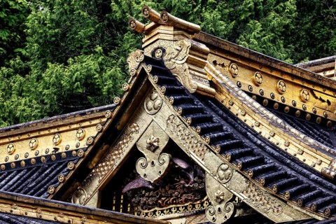 Gilded and ornately decorated roof structures of the shrine complex in Nikko, Nikko, Japan