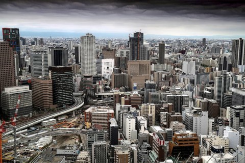 Panoramic view of Umeda skyscrapers under cloudy sky, Osaka, Umeda, Japan