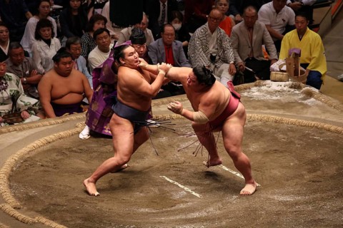 High-intensity sumo match with impressive physical effort, Tokyo, Japan