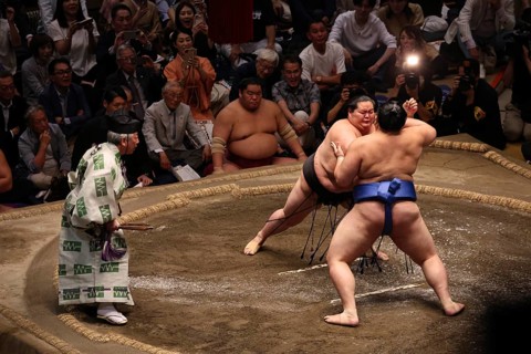 Technically demanding sumo fight in a lively atmosphere, Tokyo, Japan