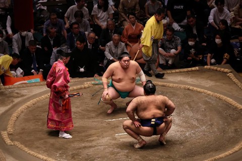 Deep sumo ceremony at Ryogoku Kokugikan Hall, Tokyo, Japan