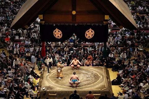 Sumo competition at Ryogoku Kokugikan Hall with concentrated audience, Tokyo, Japan