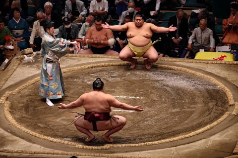 Sumo ritual in front of the competition in Kokugikan, Tokyo, Ryogoku, Japan