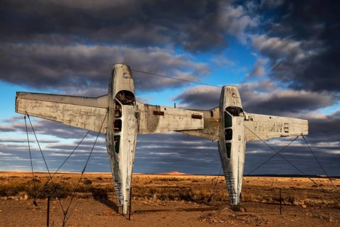 Two standing discarded aircraft as an art installation in the sculpture park, Henge Mutonia,