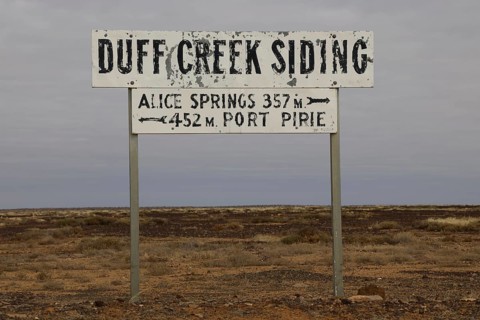Duff Creek Siding Station Sign in the Dry Landscape, Duff Creek Siding, South Australia, Australia