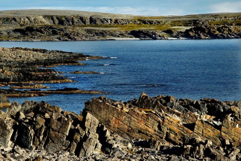 Rough coastline with rocks and sea under blue sky, N Hamningberg, zero