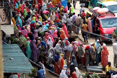 Aerial view of a busy market full of people, Awaday, Ethiopia