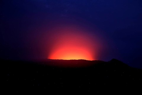 Bright red-orange crater rim of Erta Ale at night, Erta Ale, zero, Ethiopia