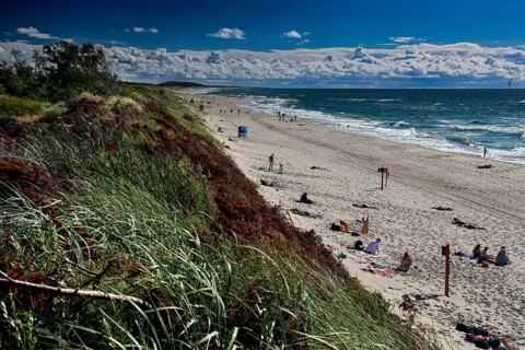 Sunny beach with dunes and relaxing bathers under wide skies, Nida, Curonian Spit, Lithuania