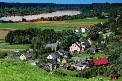 Panoramic view of Seredzius and the Memel River from Palemonas Castle Hill, Seredzius, Lithuania